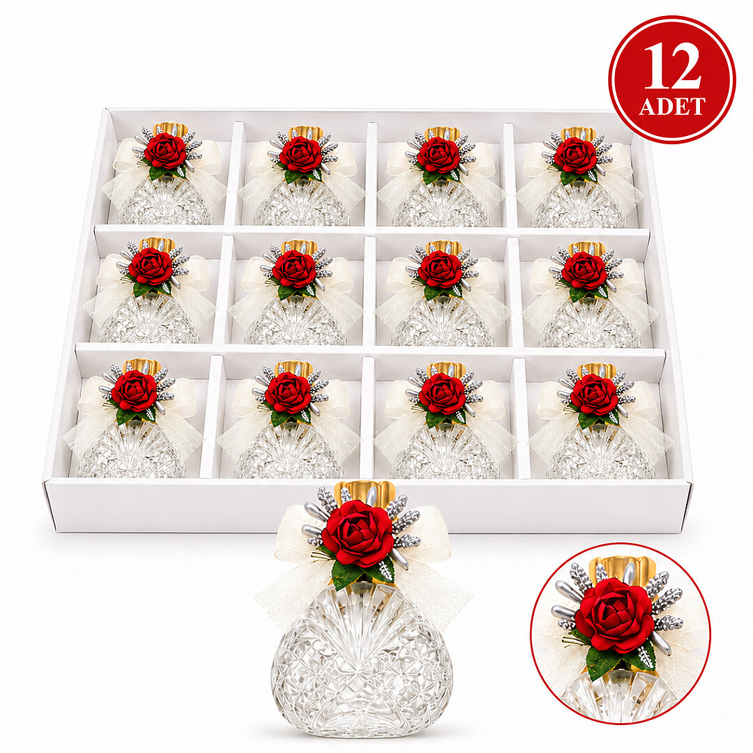 12 Adet Kırmızı Çiçekli Mini Hediyelik Kolonya - 2