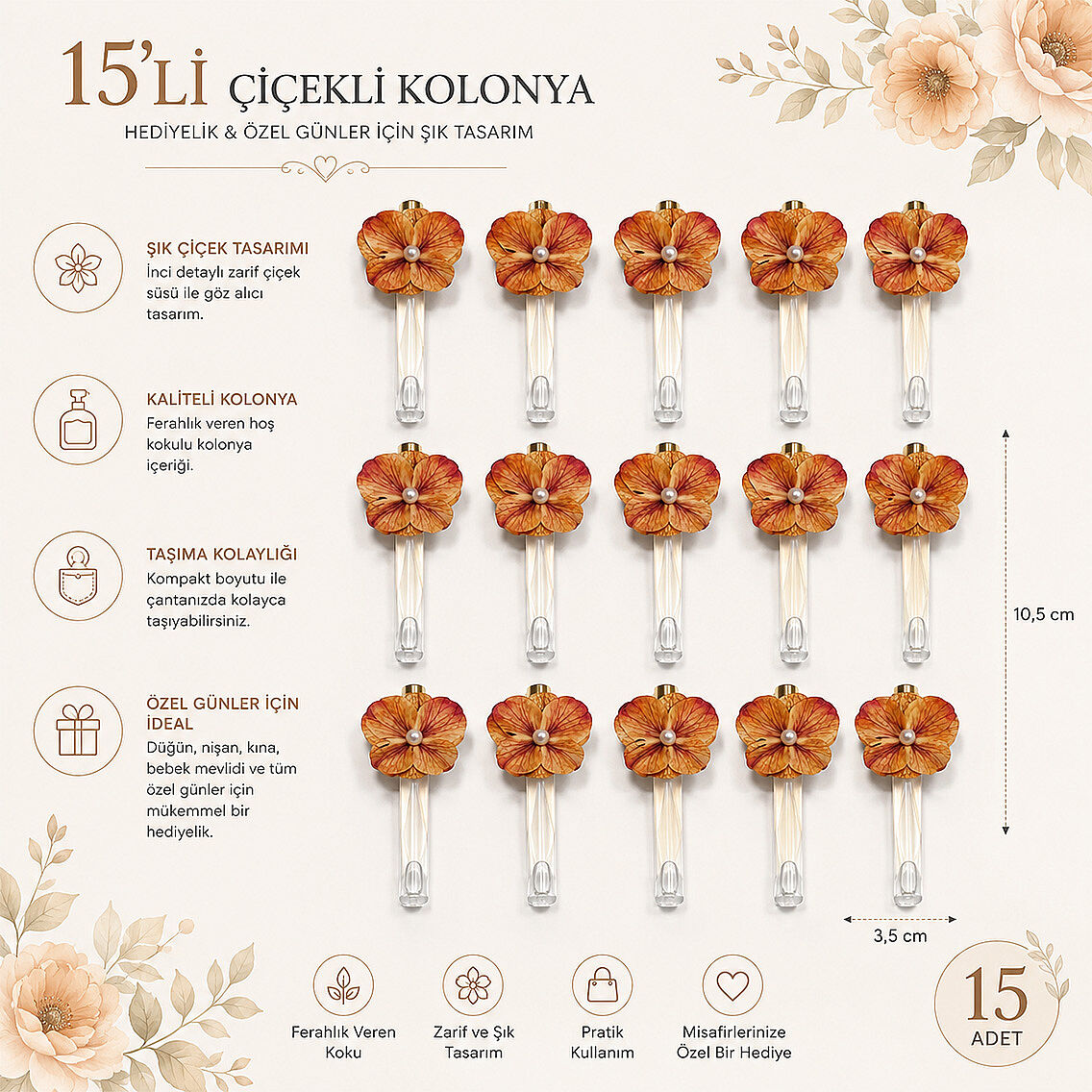 15 Adet Hediyelik Çiçekli Kolonya Somon Renk - 3