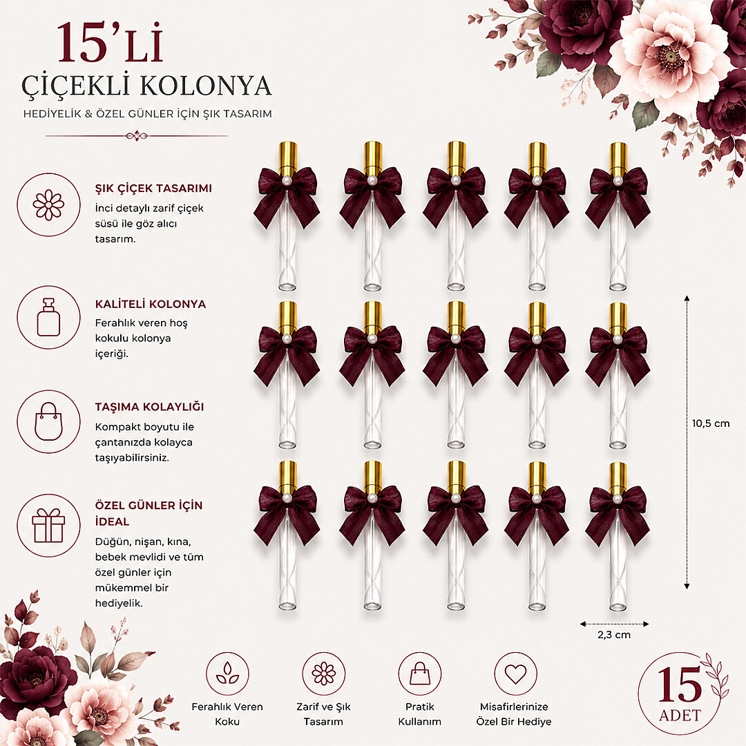 15 Adet Hediyelik Fiyonklu Kolonya Bordo Renk - 3