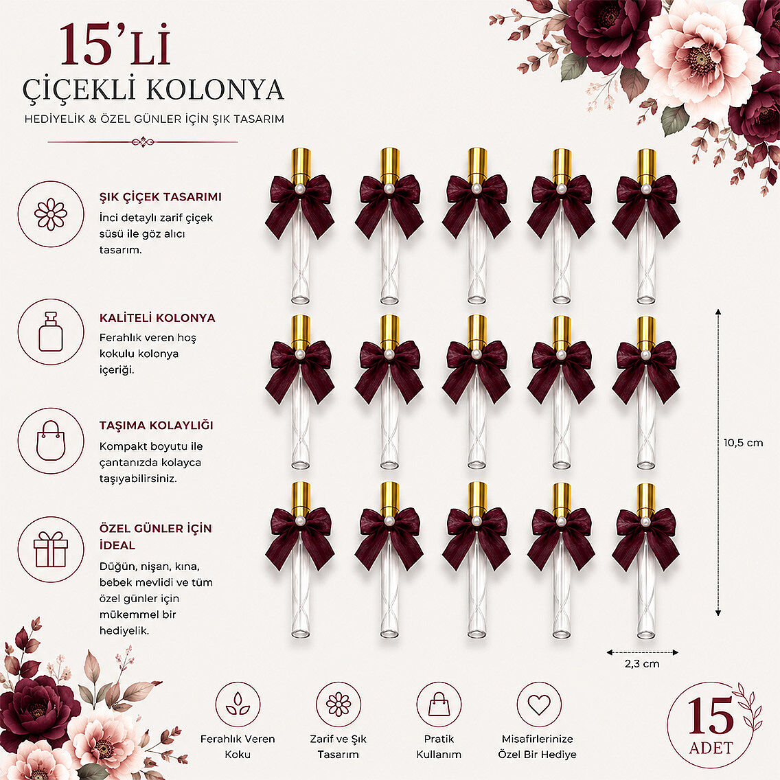 15 Adet Hediyelik Fiyonklu Kolonya Bordo Renk - 3