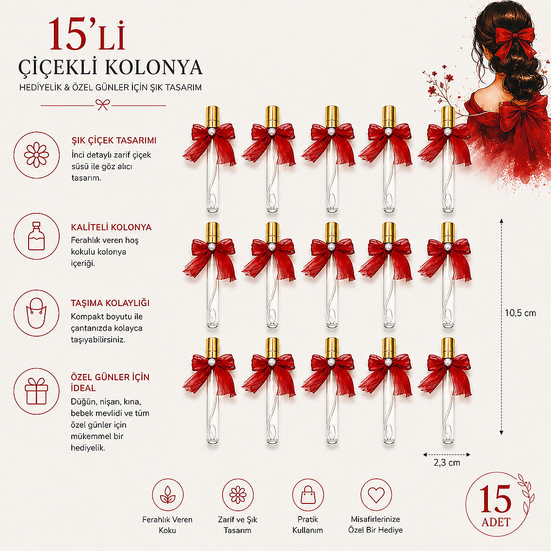 15 Adet Hediyelik Fiyonklu Kolonya Kırmızı Renk - 3