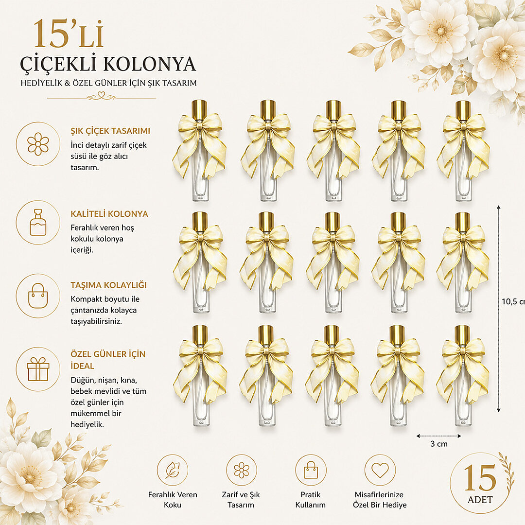 15 Adet Hediyelik Fiyonklu Kolonya Krem Renk - 3