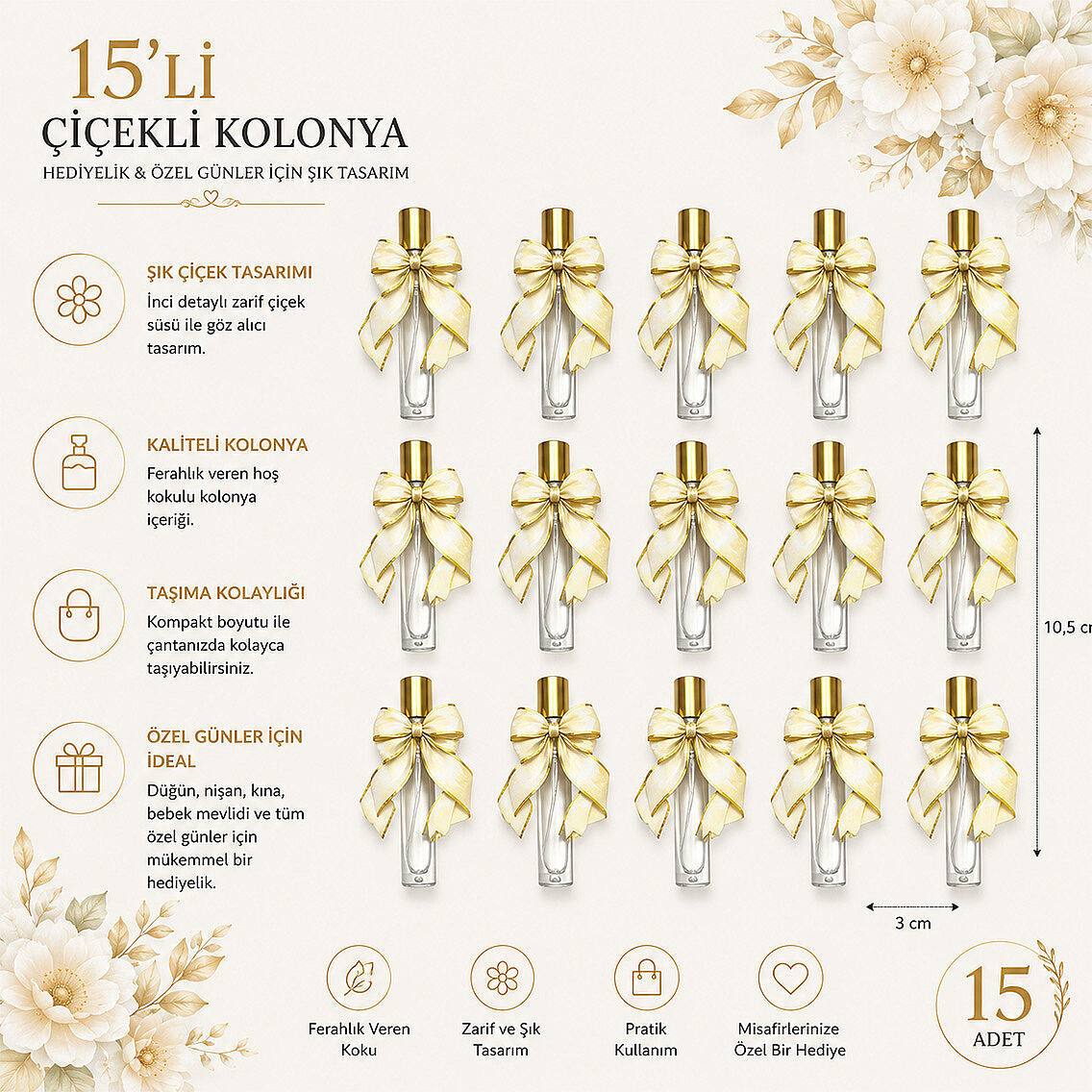 15 Adet Hediyelik Fiyonklu Kolonya Krem Renk - 3