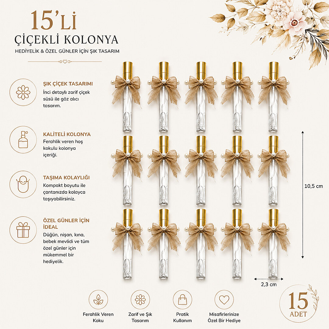15 Adet Hediyelik Fiyonklu Kolonya Pudra Renk - 3