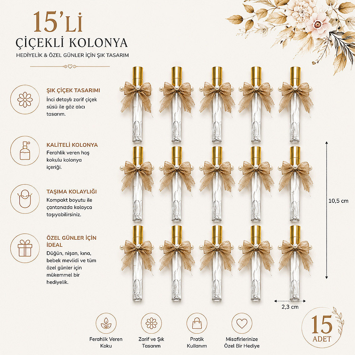 15 Adet Hediyelik Fiyonklu Kolonya Pudra Renk - 3