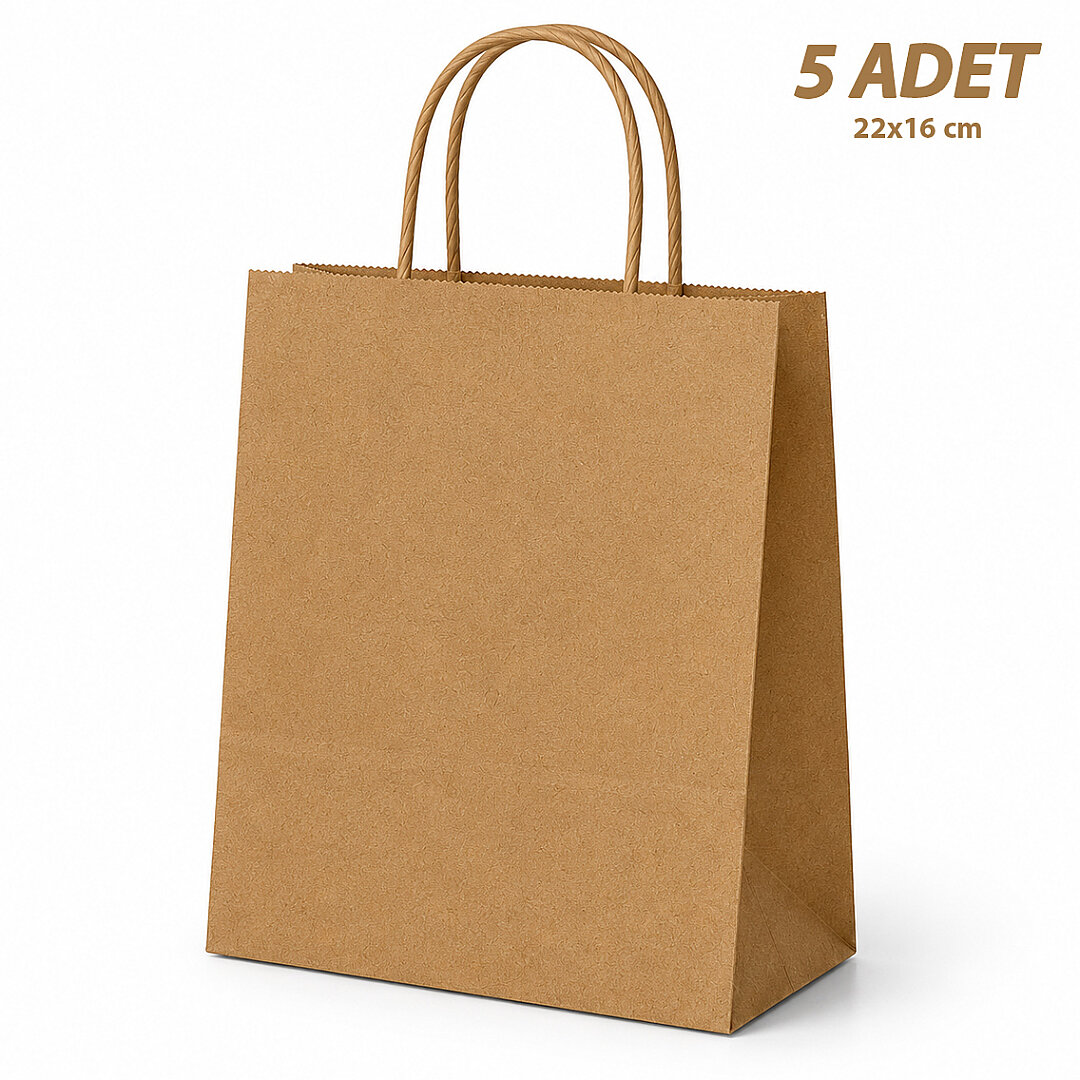 22x16 cm Hediyelik Kağıt Çanta Kraft 5 Adet - Beysüs