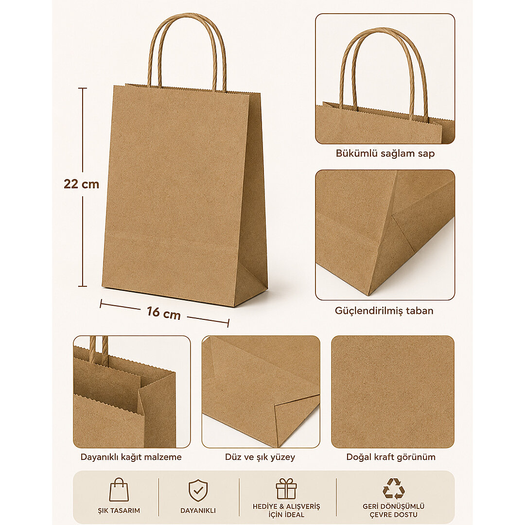 22x16 cm Hediyelik Kağıt Çanta Kraft 5 Adet - 2