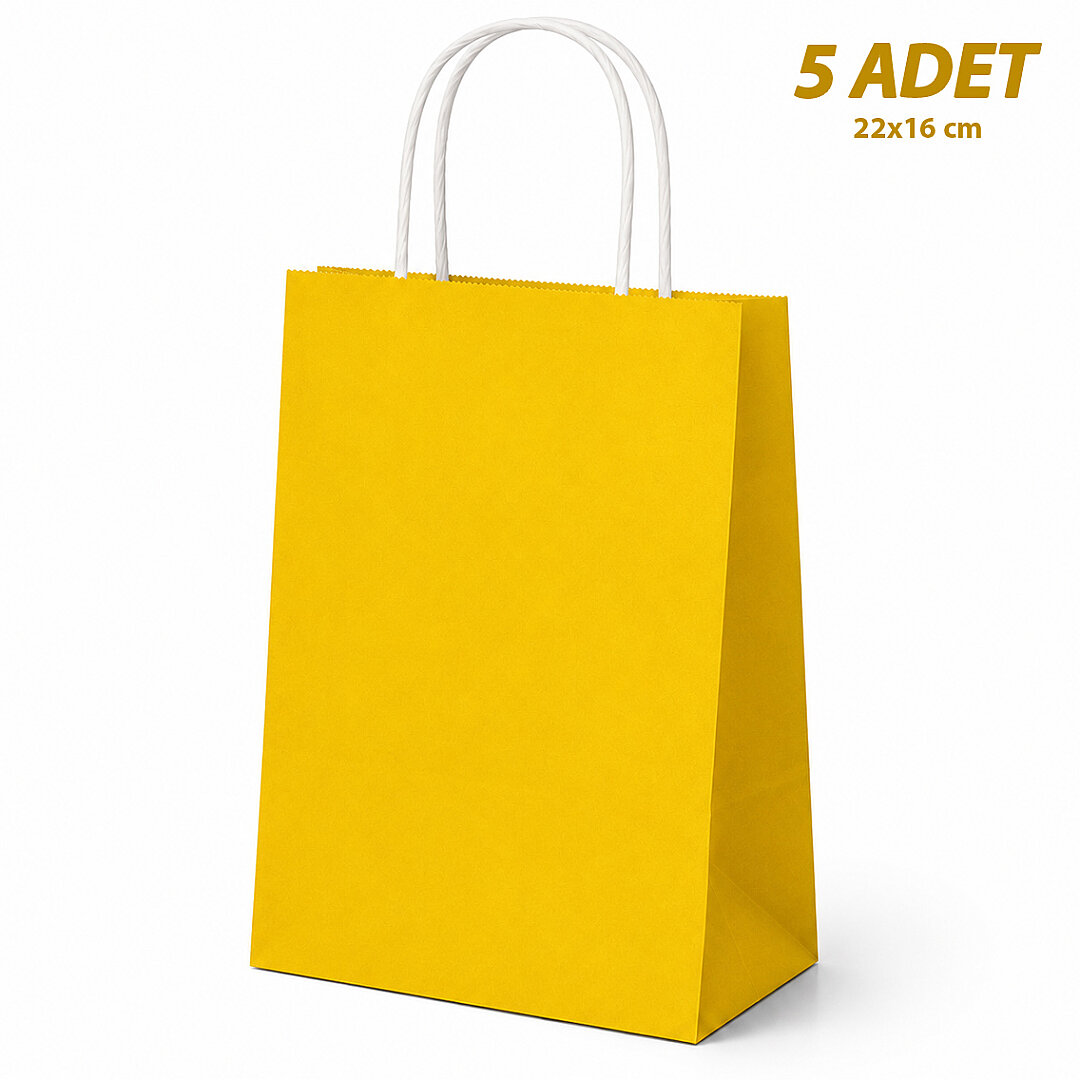 22x16 cm Hediyelik Kağıt Çanta Sarı 5 Adet - Beysüs