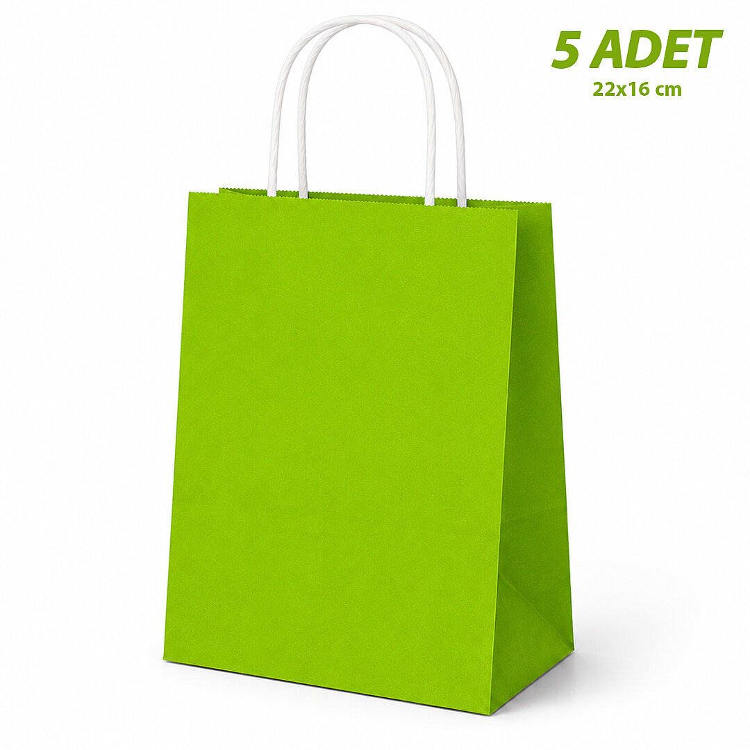 22x16 cm Hediyelik Kağıt Çanta Yeşil 5 Adet - Beysüs