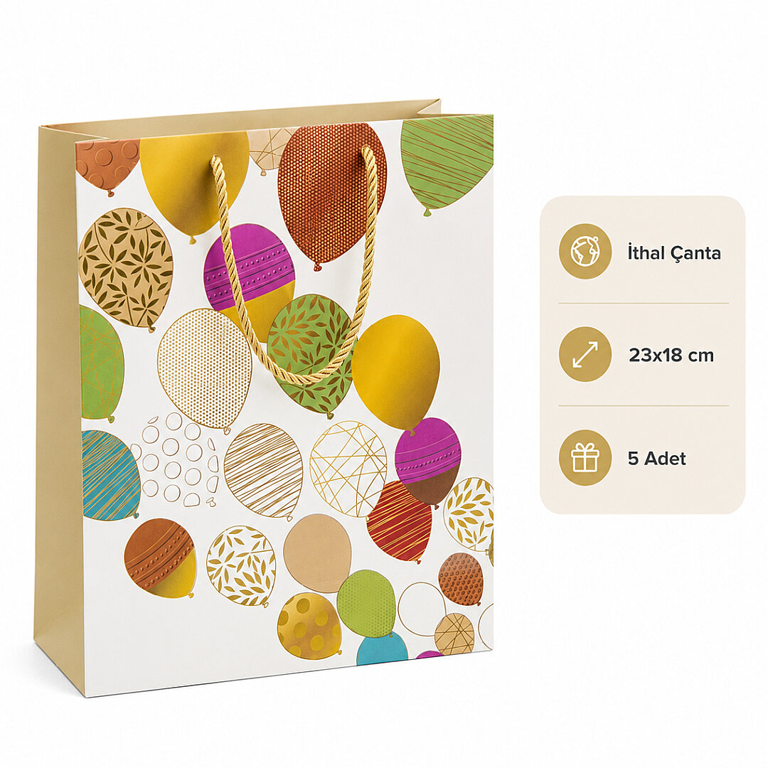 23x18 cm İthal Balon Temalı Hediyelik Kağıt Çanta Gold 5 Adet - Beysüs