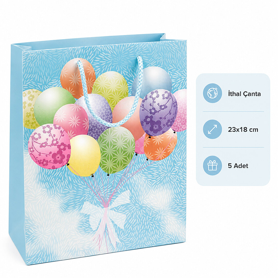 23x18 cm İthal Balon Temalı Hediyelik Kağıt Çanta Mavi 5 Adet - Beysüs