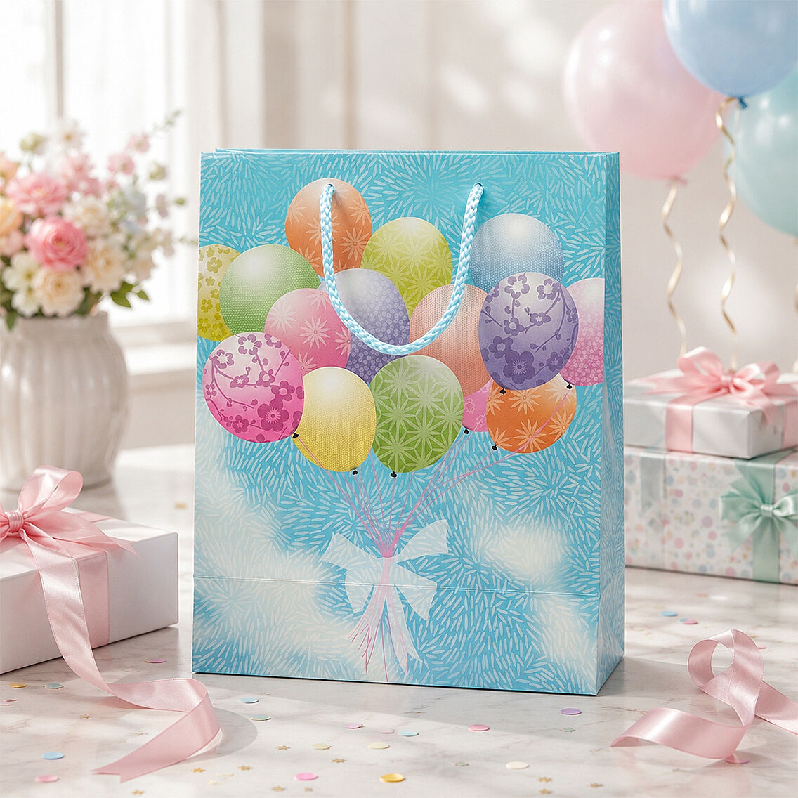 23x18 cm İthal Balon Temalı Hediyelik Kağıt Çanta Mavi 5 Adet - 2
