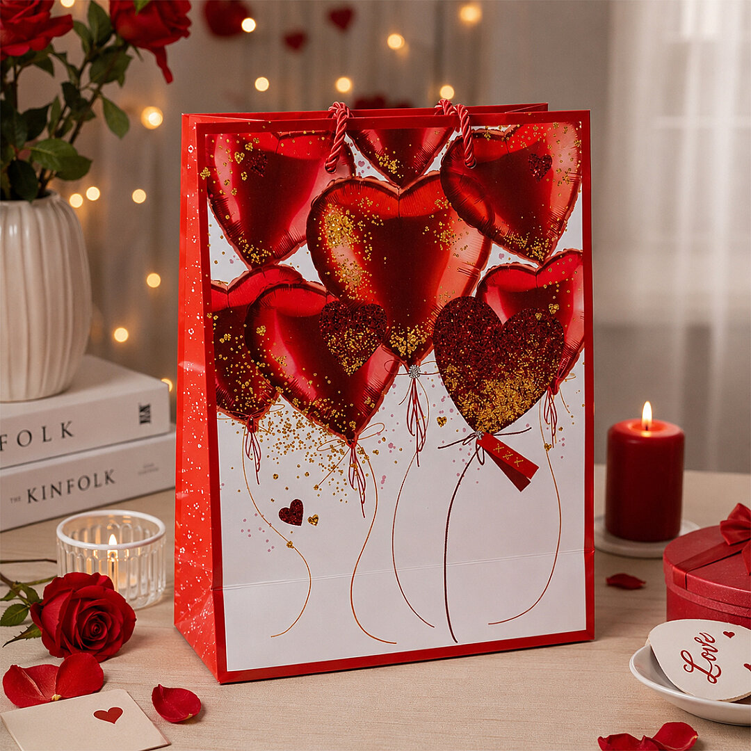 23x18 cm İthal Kırmızı Kalpli Hediyelik Kağıt Çanta 5 Adet - 2