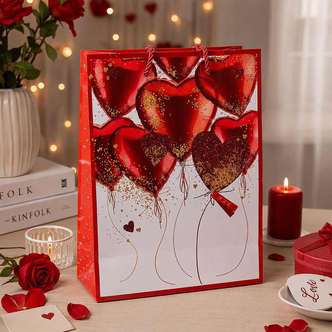 23x18 cm İthal Kırmızı Kalpli Hediyelik Kağıt Çanta 5 Adet - 2
