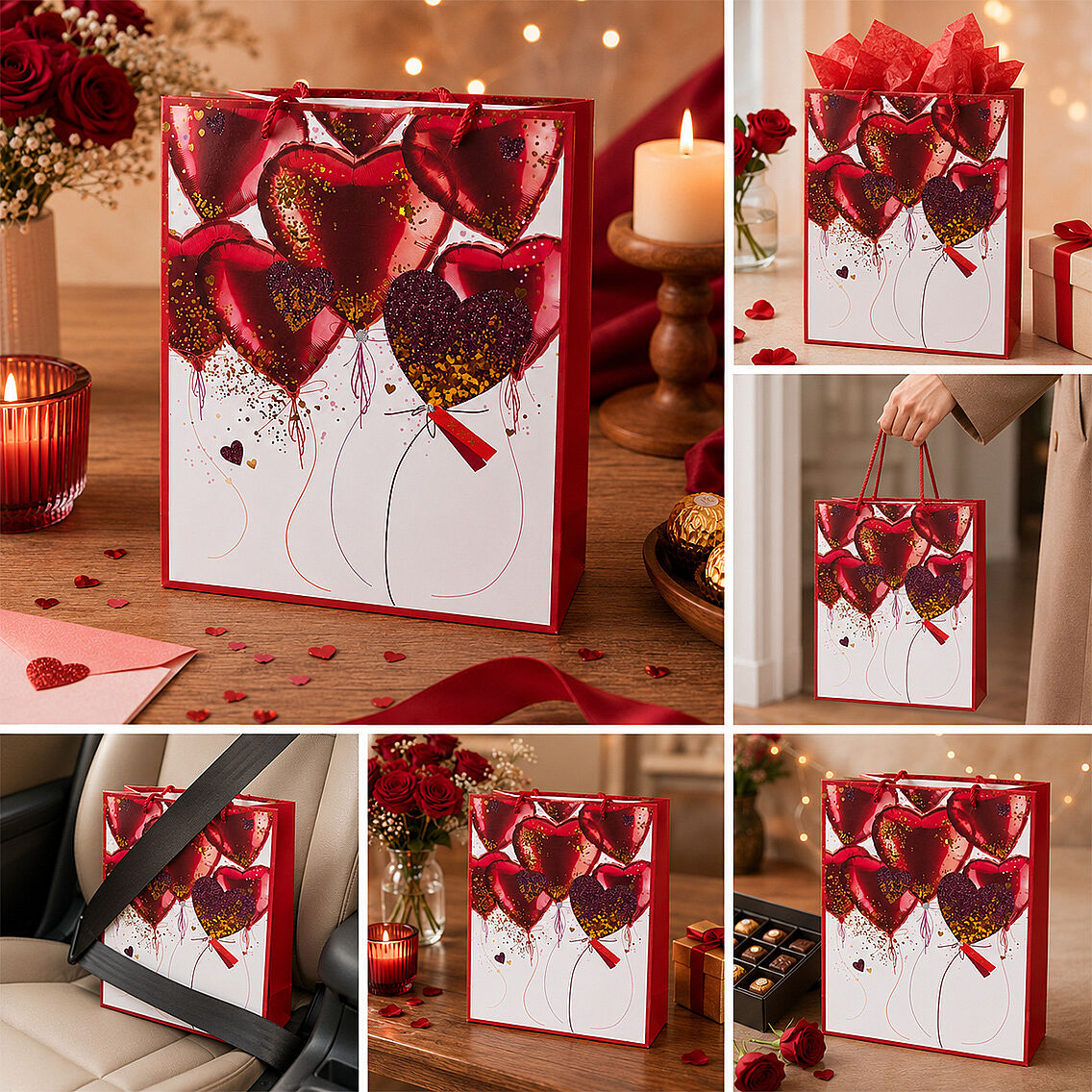 23x18 cm İthal Kırmızı Kalpli Hediyelik Kağıt Çanta 5 Adet - 3