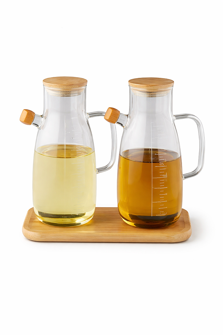 2'Li Cam Yağdanlık Bambu Kapaklı Borosilikat 1000 m - Beysüs