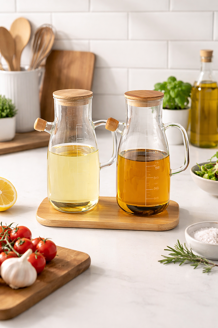 2'Li Cam Yağdanlık Bambu Kapaklı Borosilikat 1000 m - 2