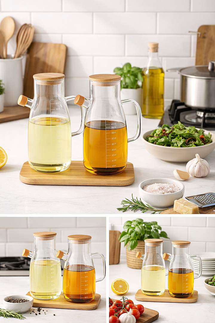 2'Li Cam Yağdanlık Bambu Kapaklı Borosilikat 1000 m - 3