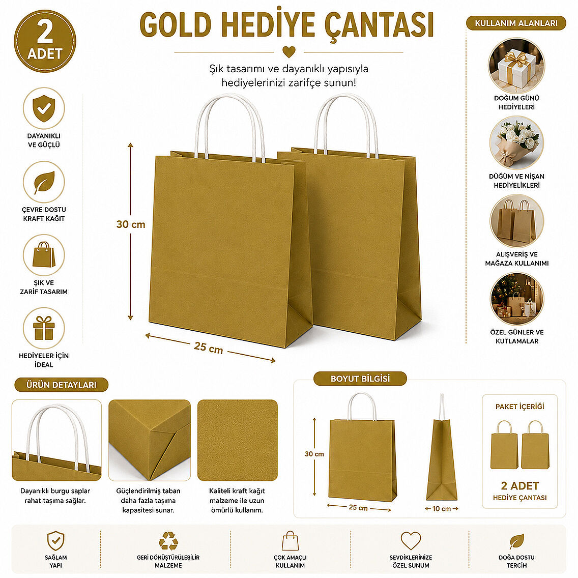 30x25 cm Hediyelik Kağıt Çanta Gold 2 Adet - 2