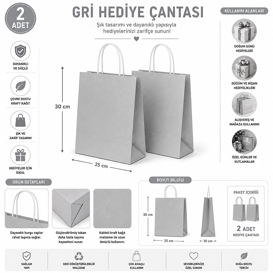 30x25 cm Hediyelik Kağıt Çanta Gri 2 Adet - 2