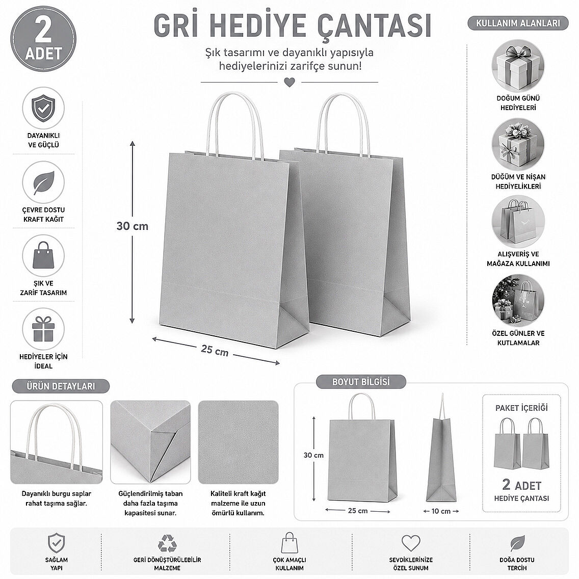 30x25 cm Hediyelik Kağıt Çanta Gri 2 Adet - 2