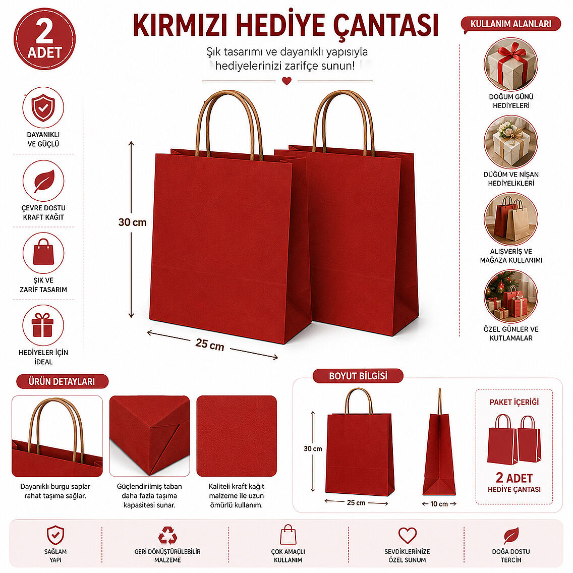 30x25 cm Hediyelik Kağıt Çanta Kırmızı 2 Adet - 2
