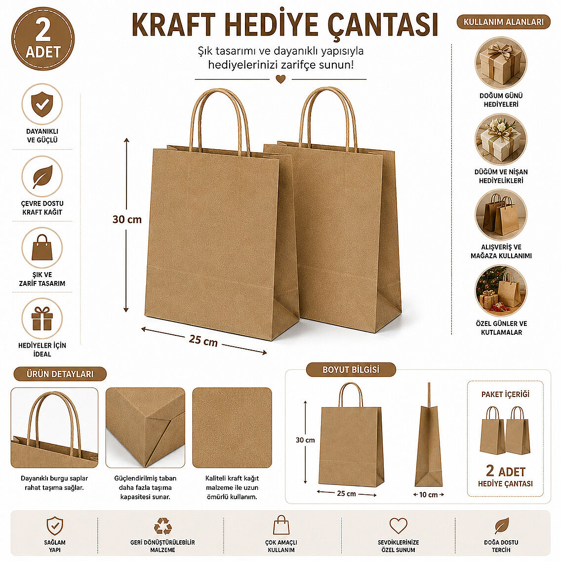30x25 cm Hediyelik Kağıt Çanta Kraft 2 Adet - 2
