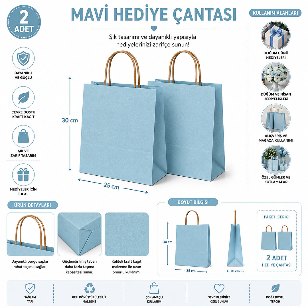 30x25 cm Hediyelik Kağıt Çanta Mavi 2 Adet - 2