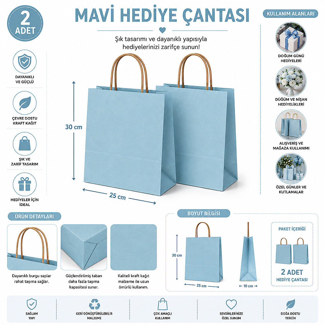 30x25 cm Hediyelik Kağıt Çanta Mavi 2 Adet - 2