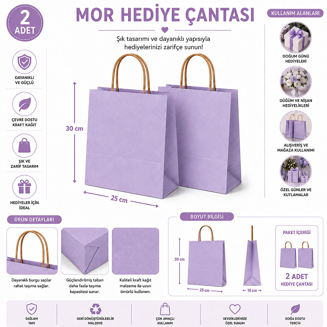 30x25 cm Hediyelik Kağıt Çanta Mor 2 Adet - 2