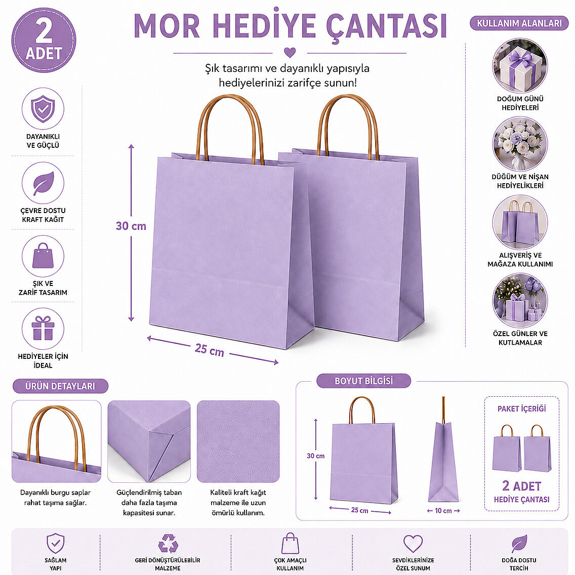30x25 cm Hediyelik Kağıt Çanta Mor 2 Adet - 2