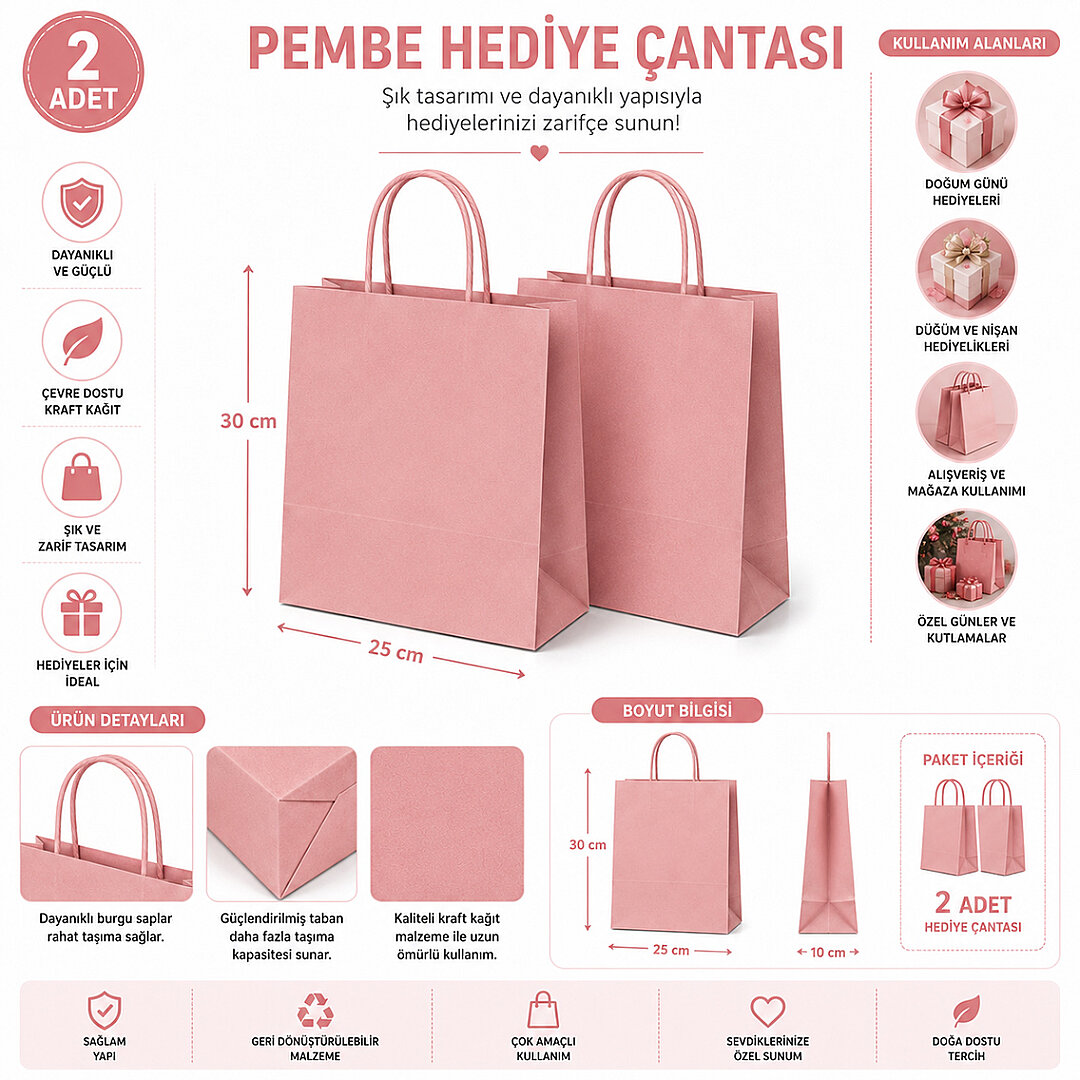 30x25 cm Hediyelik Kağıt Çanta Pembe 2 Adet - 2