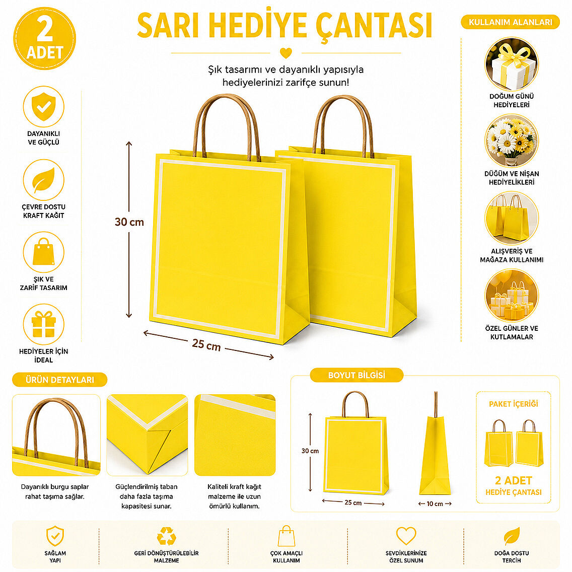 30x25 cm Hediyelik Kağıt Çanta Sarı 2 Adet - 2