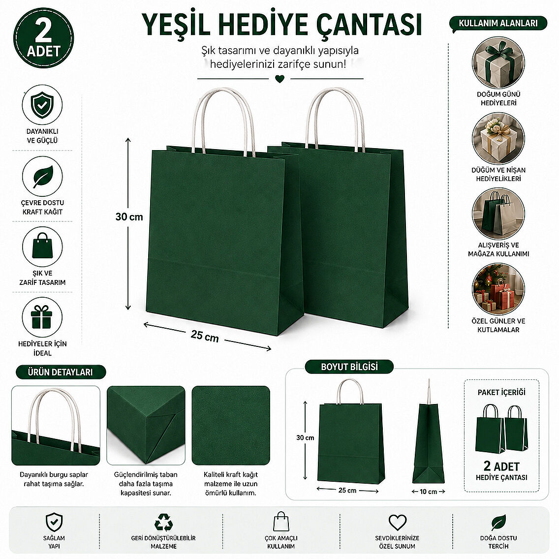 30x25 cm Hediyelik Kağıt Çanta Yeşil 2 Adet - 2