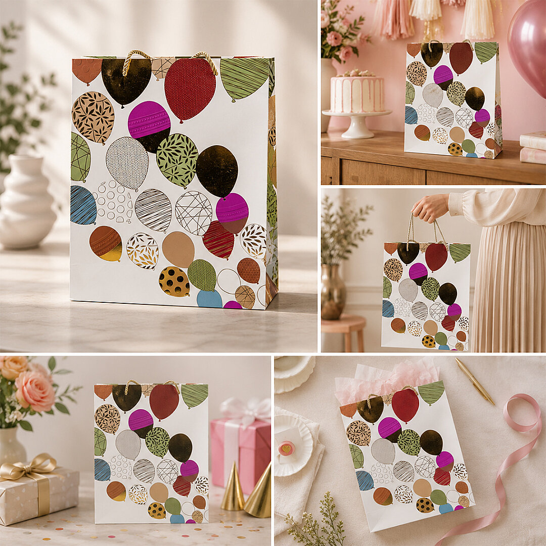 32x26 cm İthal Balon Temalı Hediyelik Kağıt Çanta Gold 5 Adet - 3