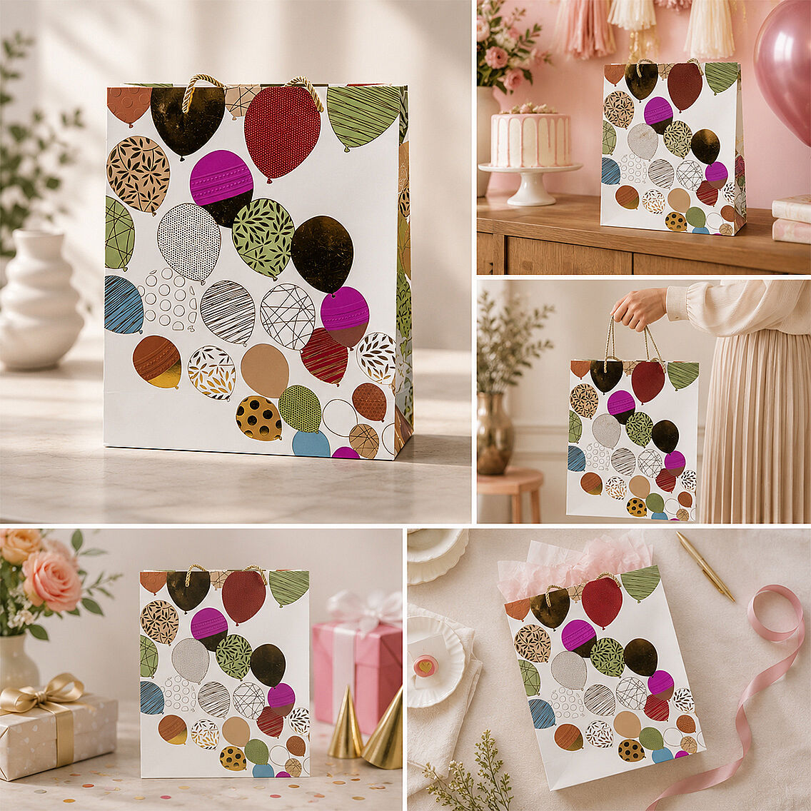 32x26 cm İthal Balon Temalı Hediyelik Kağıt Çanta Gold 5 Adet - 3