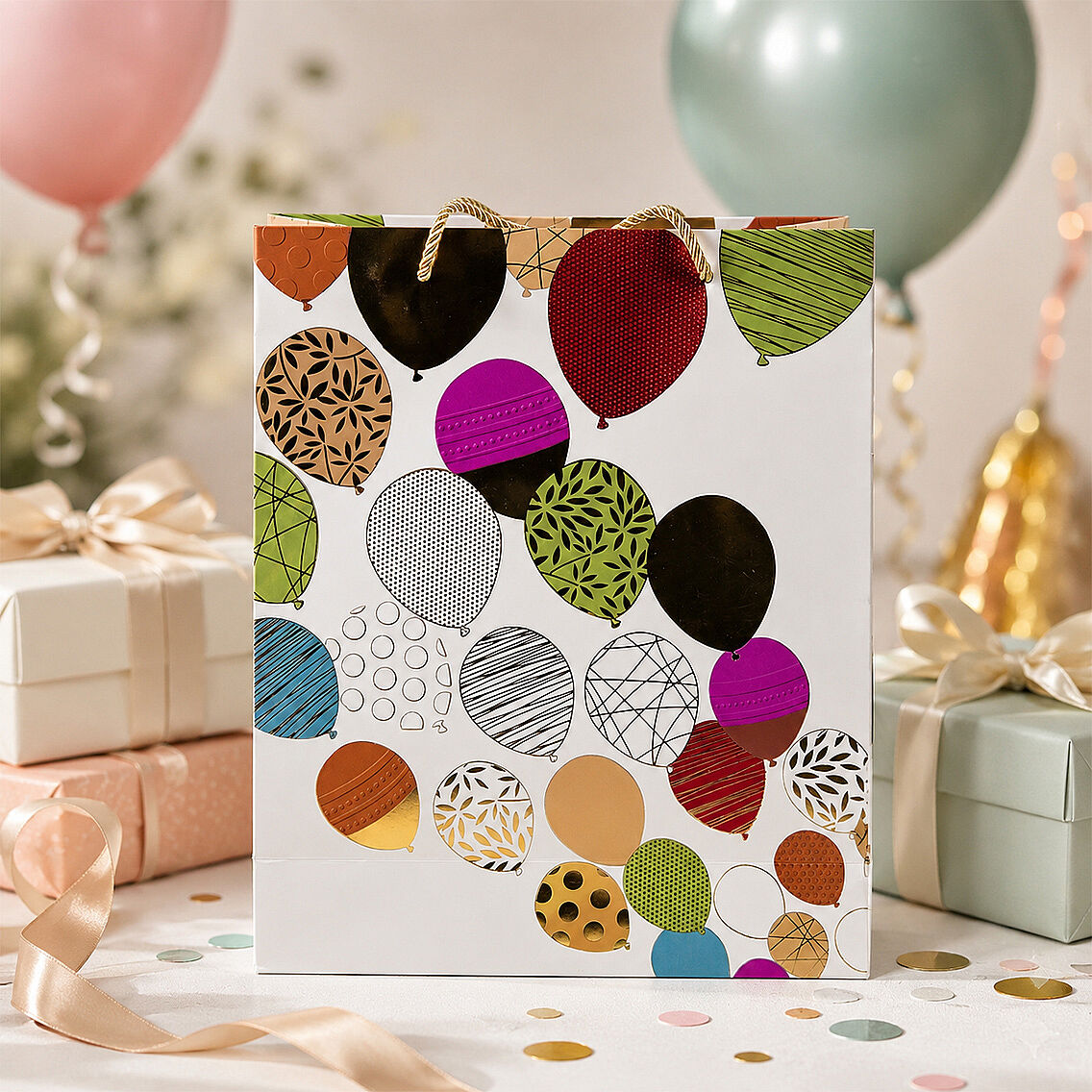 32x26 cm İthal Balon Temalı Hediyelik Kağıt Çanta Gold 5 Adet - 2