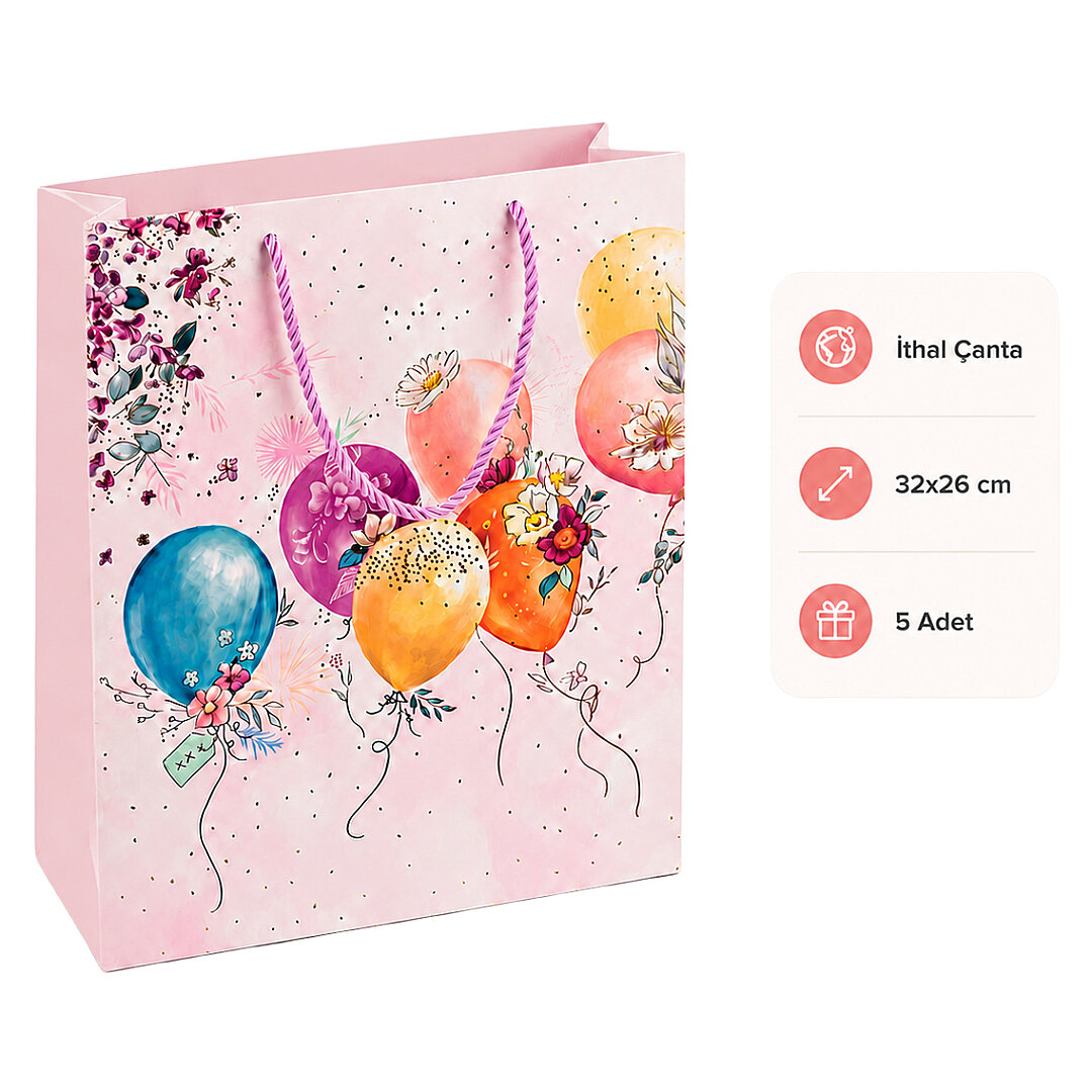 32x26 cm İthal Çiçekli Balonlu Hediyelik Kağıt Çanta Pembe 5 Adet - Beysüs