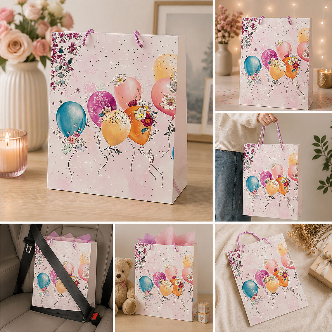 32x26 cm İthal Çiçekli Balonlu Hediyelik Kağıt Çanta Pembe 5 Adet - 3