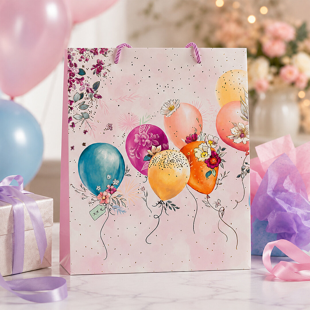 32x26 cm İthal Çiçekli Balonlu Hediyelik Kağıt Çanta Pembe 5 Adet - 2