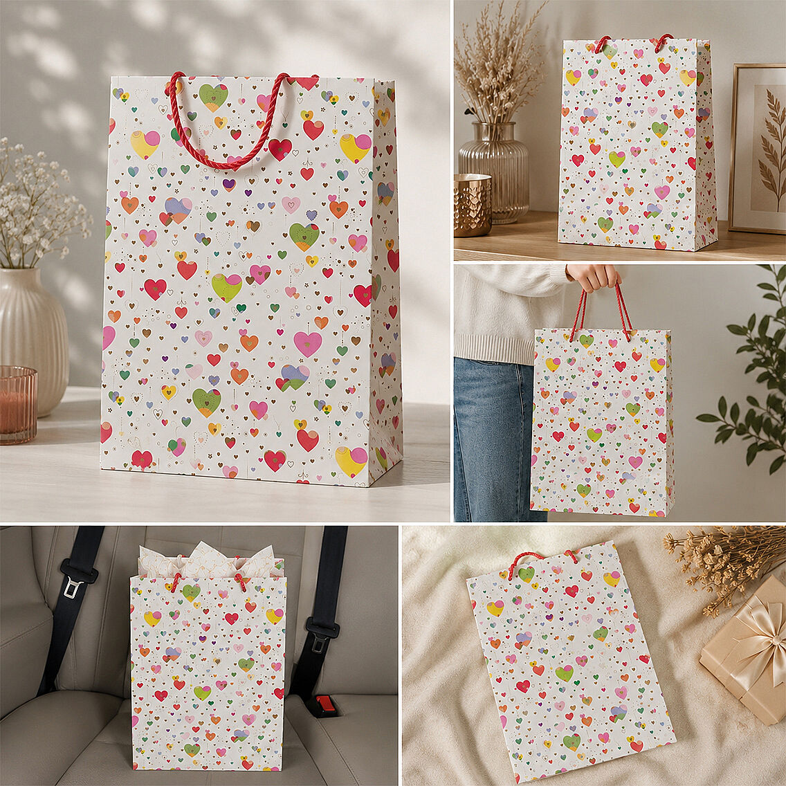 32x26 cm İthal Renkli Kalpli Hediyelik Kağıt Çanta 5 Adet - 2