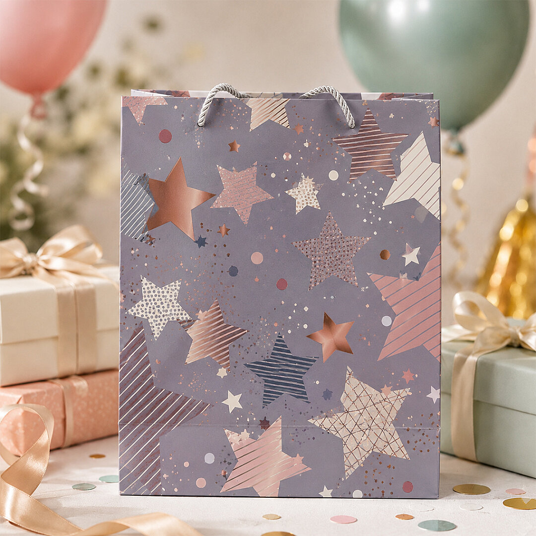 32x26 cm İthal Yıldız Desenli Hediyelik Kağıt Çanta Gri 5 Adet - 3