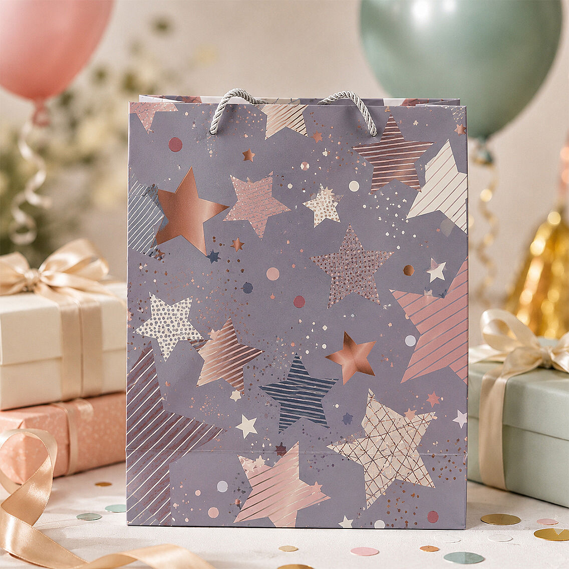 32x26 cm İthal Yıldız Desenli Hediyelik Kağıt Çanta Gri 5 Adet - 3