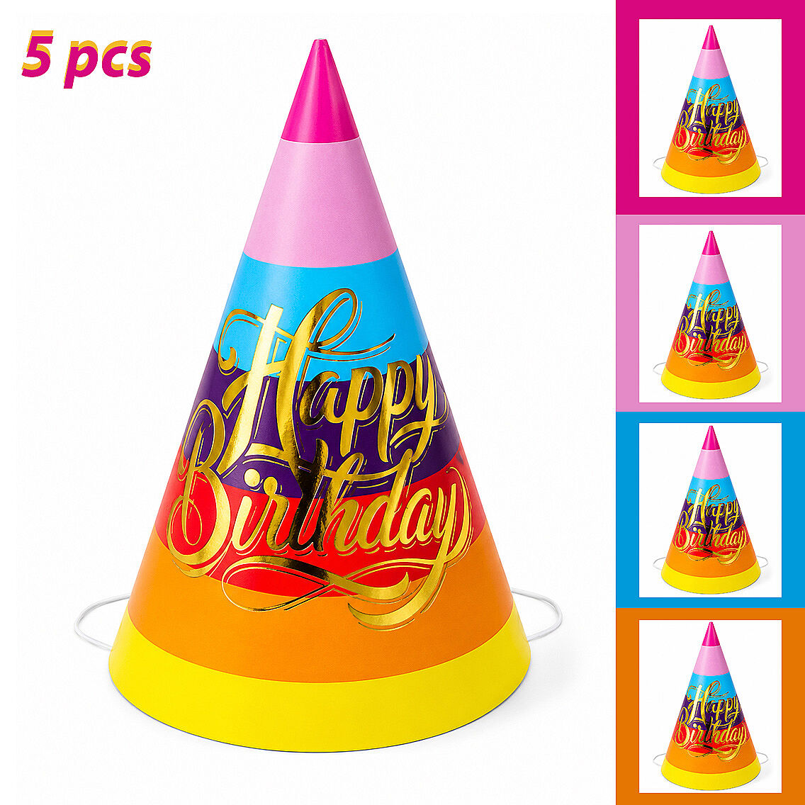 5 Li Çok Renkli Happy Birthday Parti Şapkası - 1
