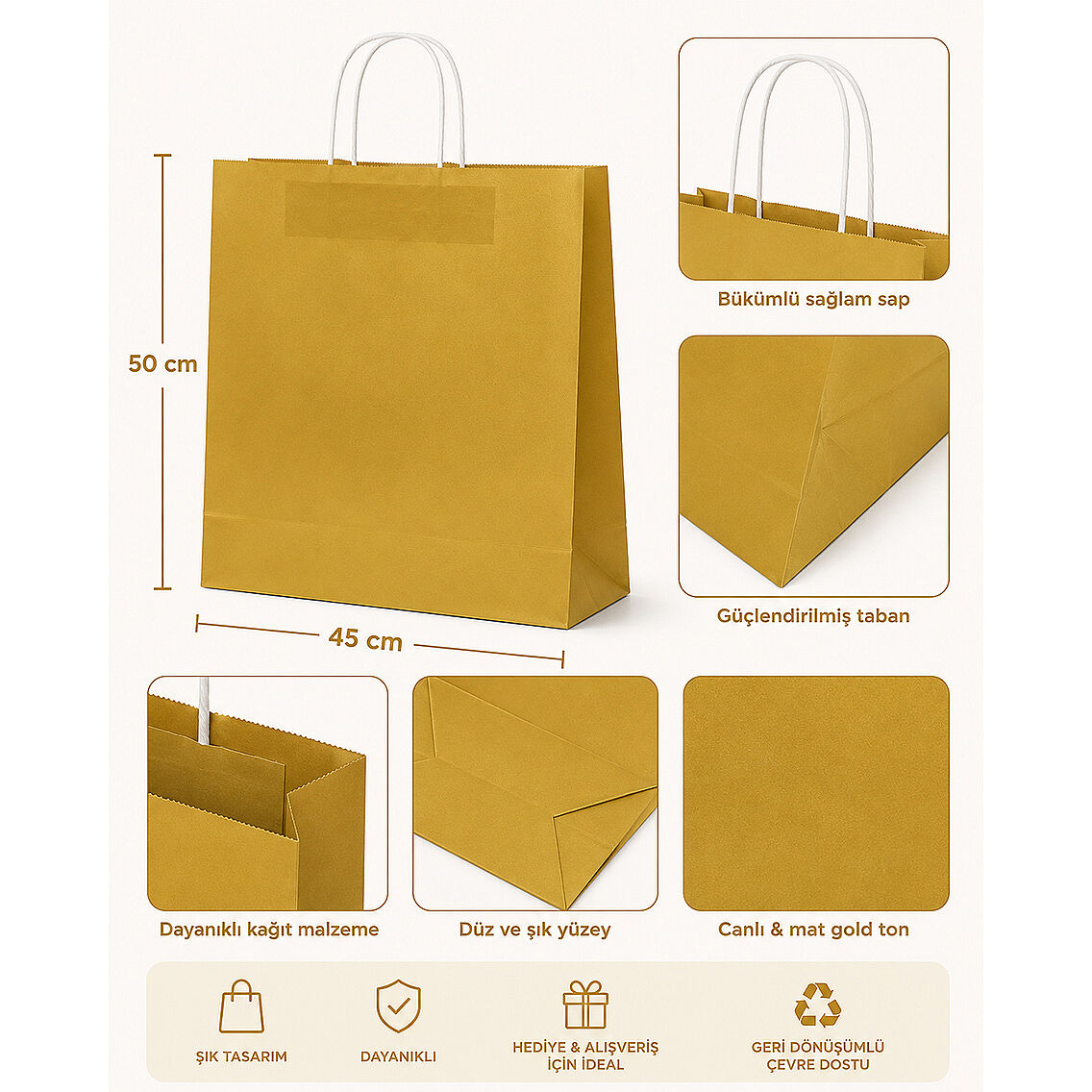 50x45 cm Hediyelik Kağıt Çanta Gold 2 Adet - 2