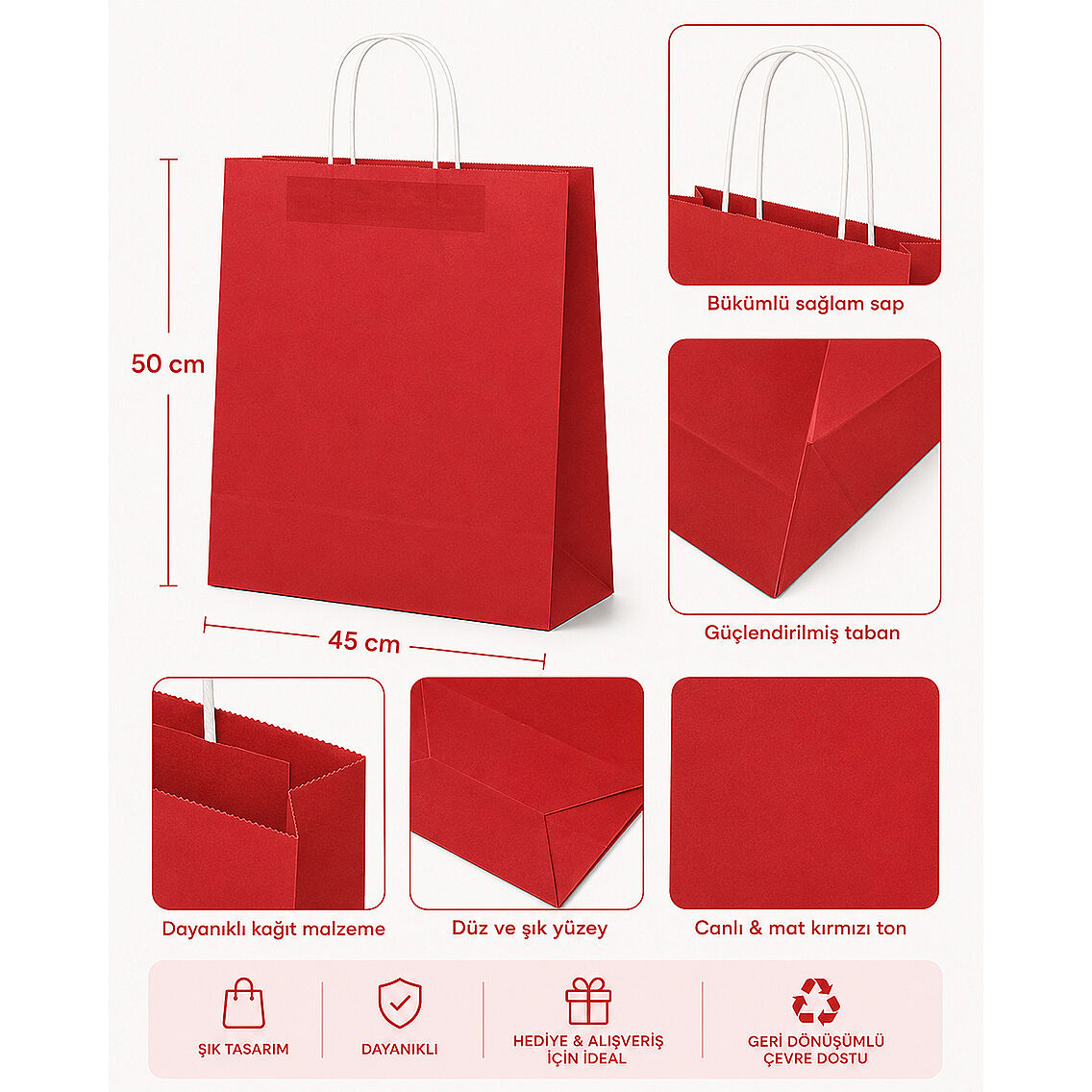 50x45 cm Hediyelik Kağıt Çanta Kırmızı 2 Adet - 2