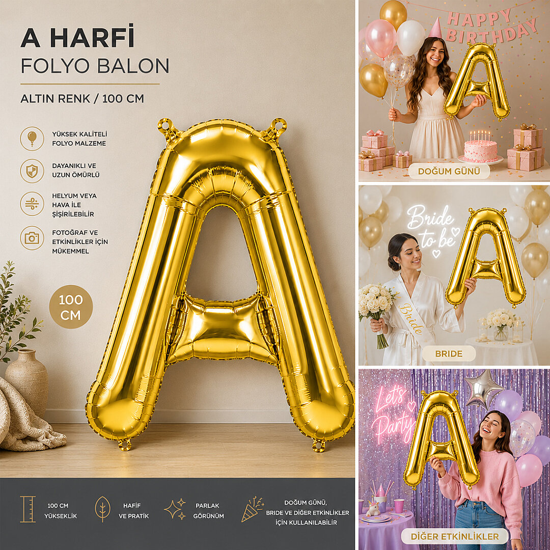 A Harfi Folyo Balon Altın Rengi (100 cm) - 2