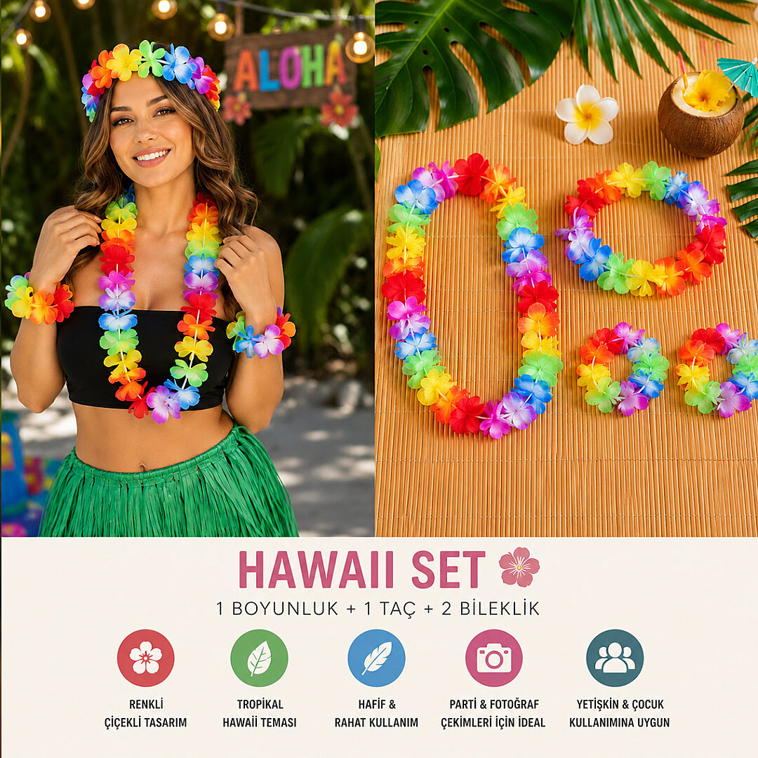 Aloha Hawaii Çiçek Seti (Boyunluk, Taç ve 2 Bileklik) - 1