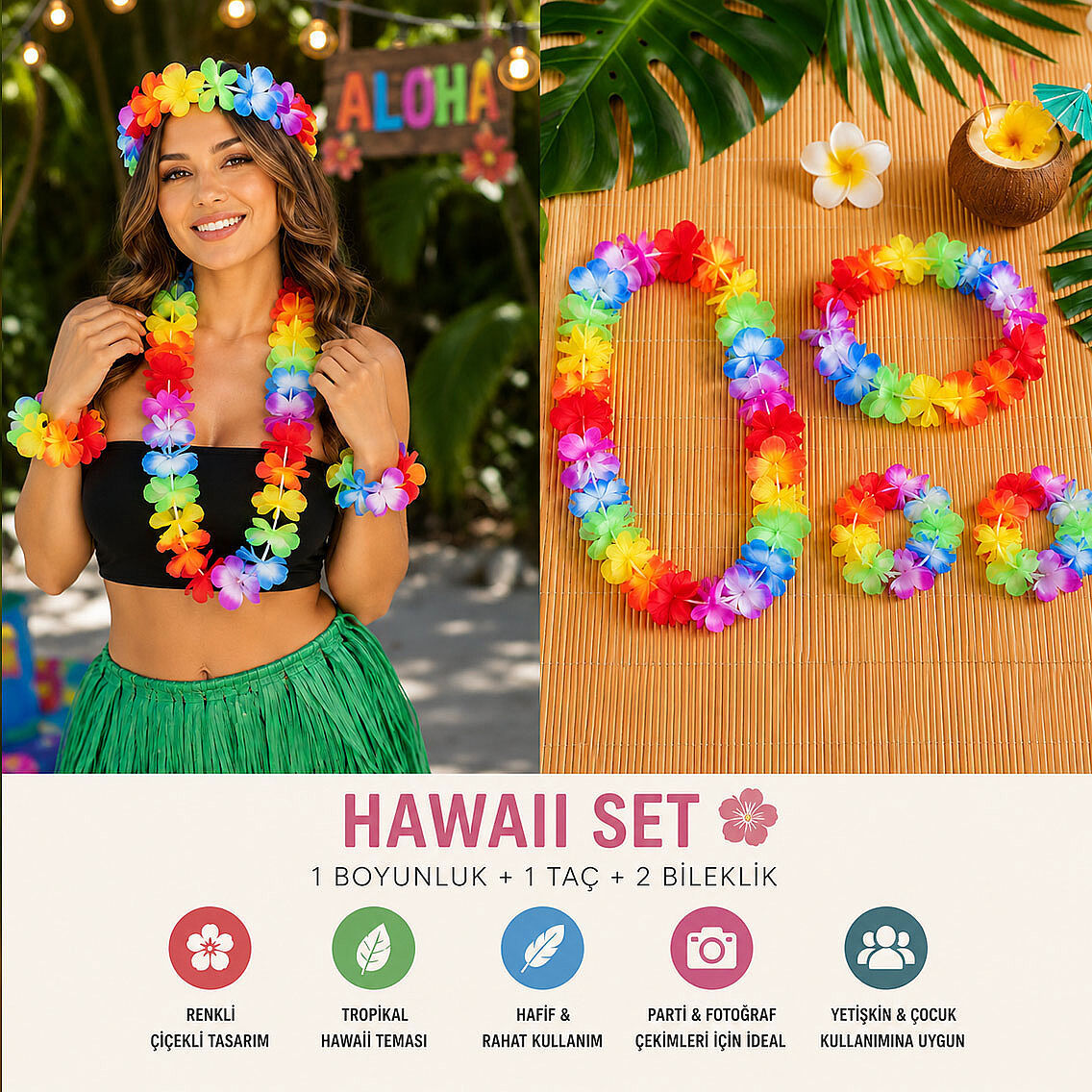 Aloha Hawaii Çiçek Seti (Boyunluk, Taç ve 2 Bileklik) - 1