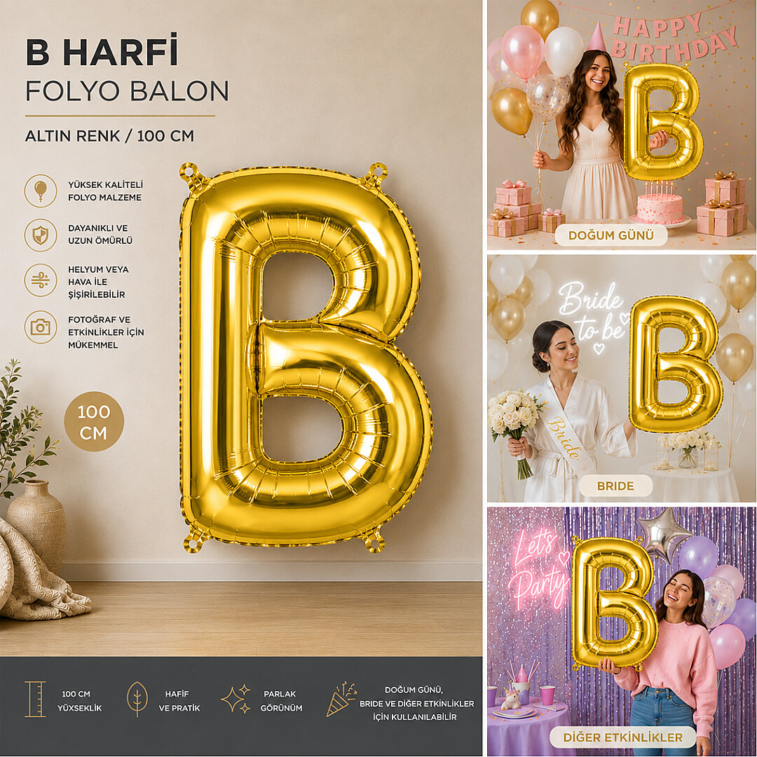 B Harfi Folyo Balon Altın Rengi (100 cm) - 2
